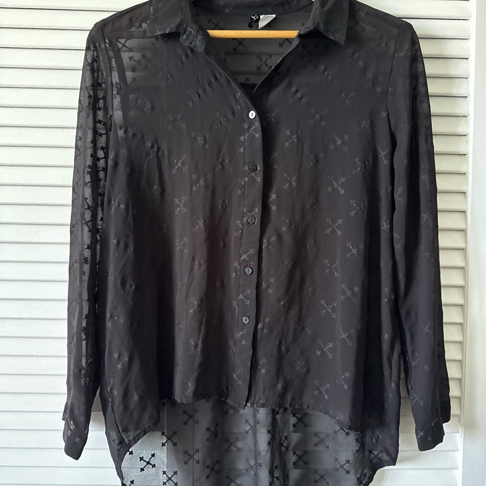 Divided Black Patterned Button-Down Blouse